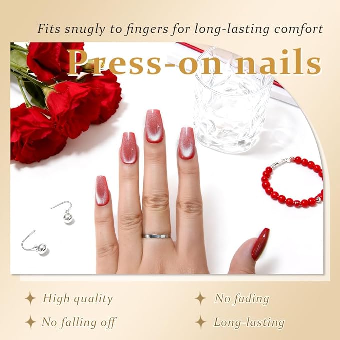 evpct Red Pink Cat Eye Coffin Press on Nails Square Medium, Medium Square Glue on Nail for Women Gift, Red Pink Metallic Glitter Glossy Reusable Summer Soft Gel Press on Acrylic Fake Nail with Designs