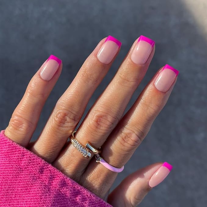 30Pcs Hot Pink French Tip Press on Nails Short Square Nails Press ons, Short Fake Nails Coffin Acrylic French Glue on Nail False for Women, Natural15 Sizes
