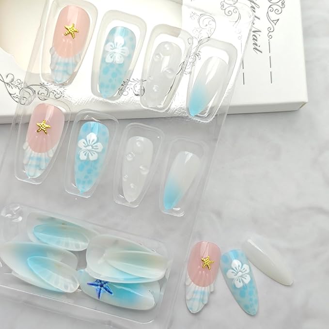 24Pcs Blue French Tip Press on Nails Medium Almond Summer Fake Nails 3D Golden Starfish Seashell with Hibiscus Press Ons Full Cover Beach False Nails Ocean Manicure Decorations for Women Acrylic DIY