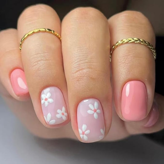 Flower Press on Nails Short Square Fake Nails Pink False Nails White Daisy Floral Glossy Full Cover Acrylic Nails Spring Summer Glue on Nails Cute Artificial Stick on Nails for Women Manicure 24 Pcs