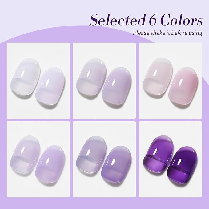 BORN PRETTY Jelly Purple Gel Nail Polish 6 Colors Purple Violets Colors Gel Polish Kit Soak Off Gel Nail Kit Collection Nail Art Gel Manicure Kit DIY at Home Salon Gifts