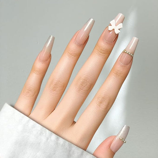 Perfect Look Press On Nails - Bridal Glow | No Glue One-Day Coffin Nails, Nude Gloss Finish Nails with Glitter French Tips - 24 Pcs Nail Kit with Adhesive Tabs