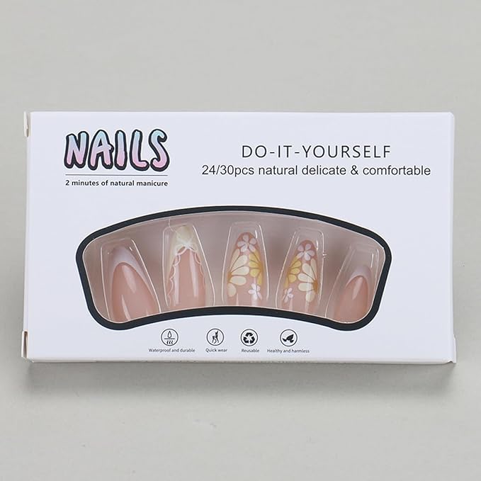 24Pcs French Tip Press on Nails Medium Almond Fake Nails Yellow Flowers False Nails with Designs Bow Daisy Cute Glue on Nails Full Cover Artificial Acrylic Nails for Women Manicure Decoration