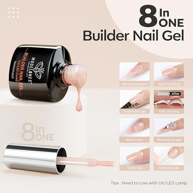 modelones 8-in-One Builder Nail Gel, Neutral Nude Builder for Thickening, LED Lamp Cured Hard Strengthener Extension Color Base Rhinestone Glue Gel Polish in a Bottle for DIY Home Salon