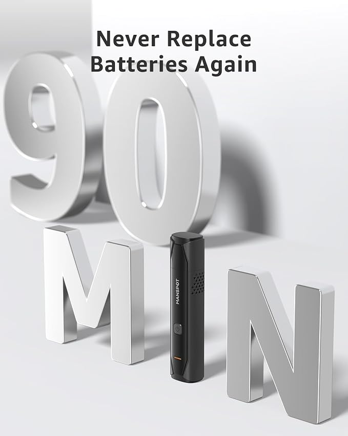 MANSPOT Nose & Ear Hair Trimmer for Men, 10000-RPM Electric Nose Trimmer for Men with Vacuum Cleaning System, IPX7 Waterproof, USB-C Charge, 90min Runtime,Magnetic Detachable Blade Head,Easy to Clean