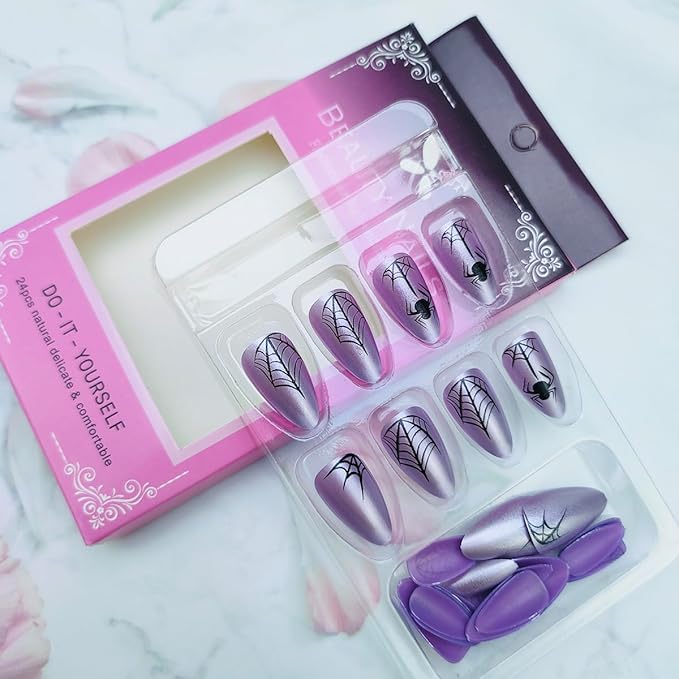 24Pcs Halloween Press on Nails Medium Almond Fake Nails with Spider Design Pink False Nail Shiny Glossy Glue on Nail Spider Web Full Cover Stick on Nails for Women Halloween Party Nail Supplies