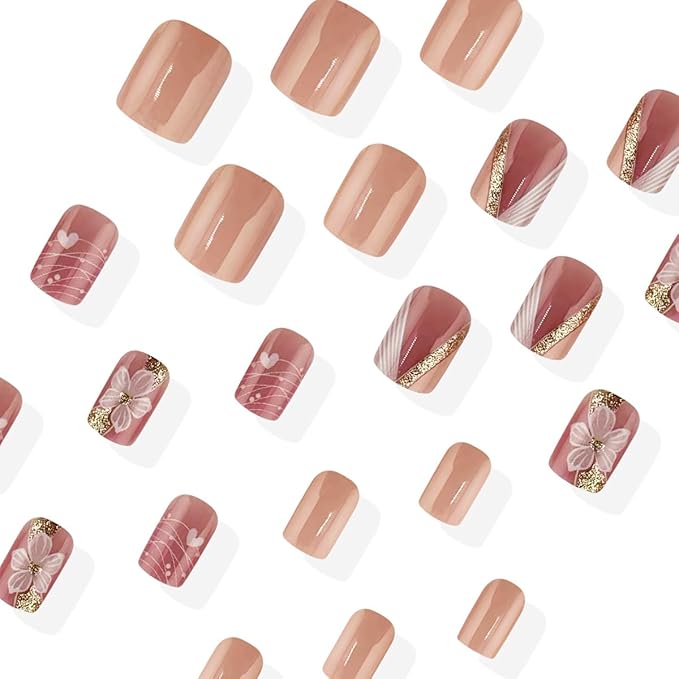 24Pcs French Tip Press on Nails Short Square Fake Nails with Gold Glitter Designs White Flower False Nails Reusable Spring Acrylic Nails Press on Full Cover Solid Color Glue on Nails for Women Nails