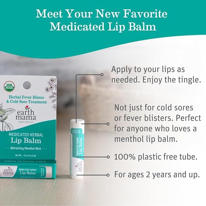 Earth Mama Medicated Lip Balm Set | Medicated Herbal Mint 4-Pack | Organic Lip Balm with Menthol for Fever Blister & Cold Sore
