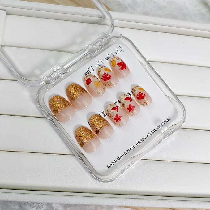 24Pcs Autumn Press on Nails Short Almond Fall Fake Nails Gold Glitter False Nail Maple Leaves Glue on Nails Full Cover Reusable Artificial Stick on Nail for Women DIY Thanksgiving Manicure
