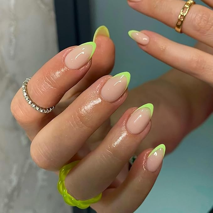 30Pcs Neon Green French Tip Press on Nails Short Almond Nails Press ons, Short Fake Nails Almond Shaped Acrylic French Glue on Nails False Nail for Women, Natural Stiletto Nail 15 Sizes