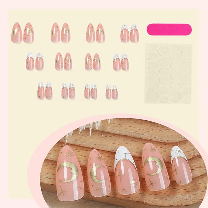 24Pcs Almond Press on Nails Medium French Tip Fake Nails White Nail Tips with Star Moon Design Nude False Nails Gold Glossy Stick on Nails Cute Nail Supplies for Women Girls DIY Manicure Decoration