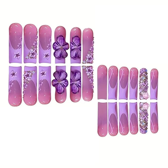 Long Press on Nails Square Fake Nails SEENEEY French Artificial Nail with Purple Floral and Rhinestones Designs Cute Stick on Nail for Women 24pcs