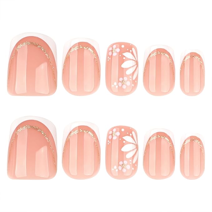 Square Press On Nails Short – Nude Pink French Tips with White Floral Design, 24PCS Thick Acrylic Fake Nails Kit, Glossy Reusable Stick On Nails with Glue & Tools for Women, Elegant DIY Manicure