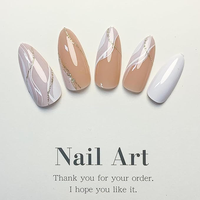 Medium Almond Press on Nails White Marble Fake Nails French False Nails with Gold Curve Line Design Glossy Acrylic Nails Glue on Nails for Women Girls Manicure Art 24 Pcs