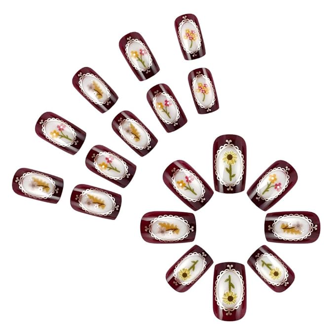 Short French Press on Nails Square Shape Fake Nails Glossy Finish False Nails with Colorful Flower Designs Full Cover Stick on Nails Spring Summer Glue on Nails for Women Nail Art Decorations - 24Pcs