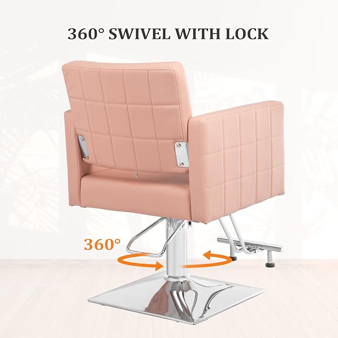 OmySalon Hydraulic Styling Chair for Hair Salon, Modern Pink Hairdressing Barber Chair w/Square Base & Footrest, 360 Degrees Swivel, Beauty Spa Equipment