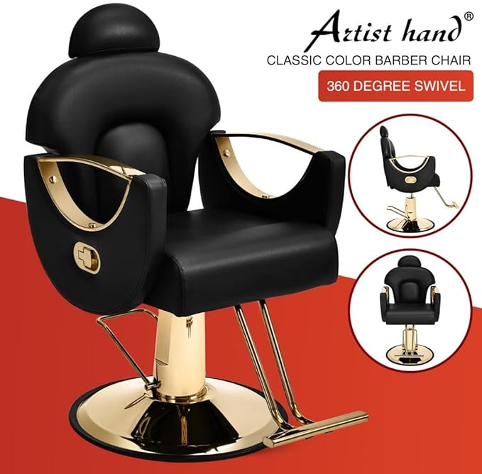 Artist hand Reclining Salon Chair Heavy Duty Barber Chair, Oversized Hydraulic Pump Hair Salon Chair 360 Degree Swivel for Hair Stylist, Beauty Spa Equipment Max Load 400 LBS, Black and Gold
