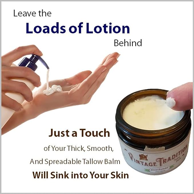 Vintage Tradition Beef Tallow All Purpose Balm - Healing, Hydrating Peppermint Oil Skin Care Salve Replaces Body Lotion, Hand Cream, More - Essential Oil, Olive Oil, and Grass-Fed Tallow, 2 fl. oz.