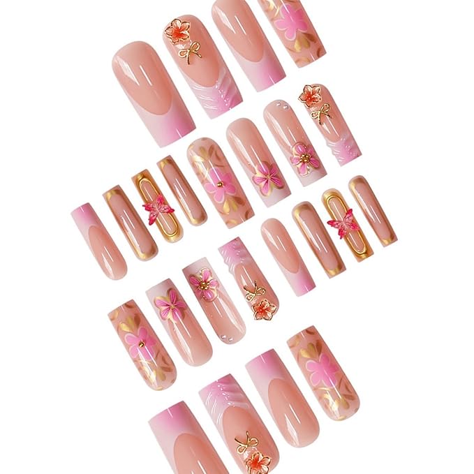 Square Press on Nails Long Fake Nails French Tip False Nails Pink Artificial Nails with Floral and Gold Charm Designs Cute Summer Nails Stick on Nails for Women 24pcs