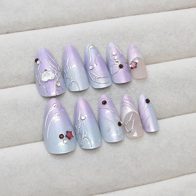 24Pcs French Tip Press on Nails Medium Almond Fake Nails 3D Star Heart Charms Rhinestones Glitter Y2k Designs Laser Chrome Nails Glue on Nails Gradient Purple False Nails for Women Girls Acrylic Nails