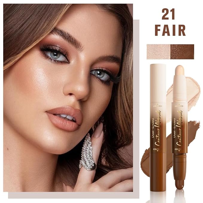 Nuetral Nude + Beige Contour Stick Dual Ended Face Body Makeup Waterproof no Transfer, 2 in 1 Cream Concealer Stick Contouring Makeup Kit, Nose Contour Bronzer Sticks Face Highlighter Make up