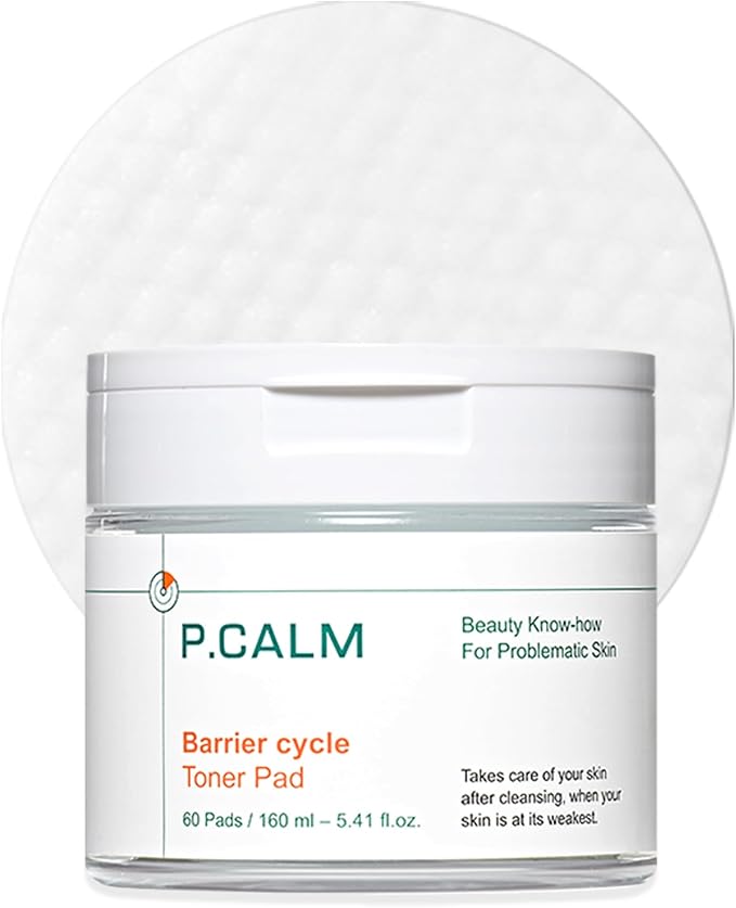 P.CALM Barrier Cycle Toner Pad – 60 Pads with Centella Asiatica & Papaya Extract for Soothing, Moisturizing & Exfoliating, Korean Vegan Facial Toners Pads for Sensitive Skin (160ml / 5.41 fl.oz)