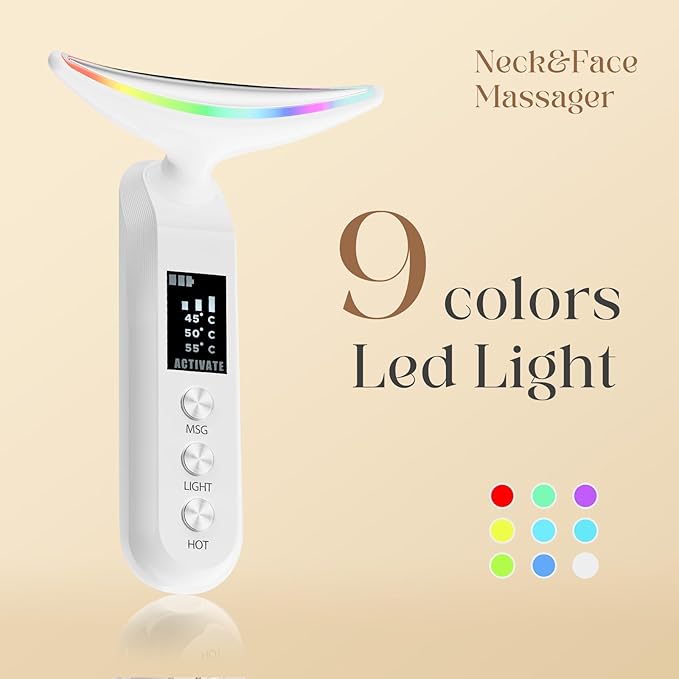 Face Massager with Led Light: 9-Color Facial Device - Neck Wrinkles Tightening Wand - Vibration Tool for Skin Care, White