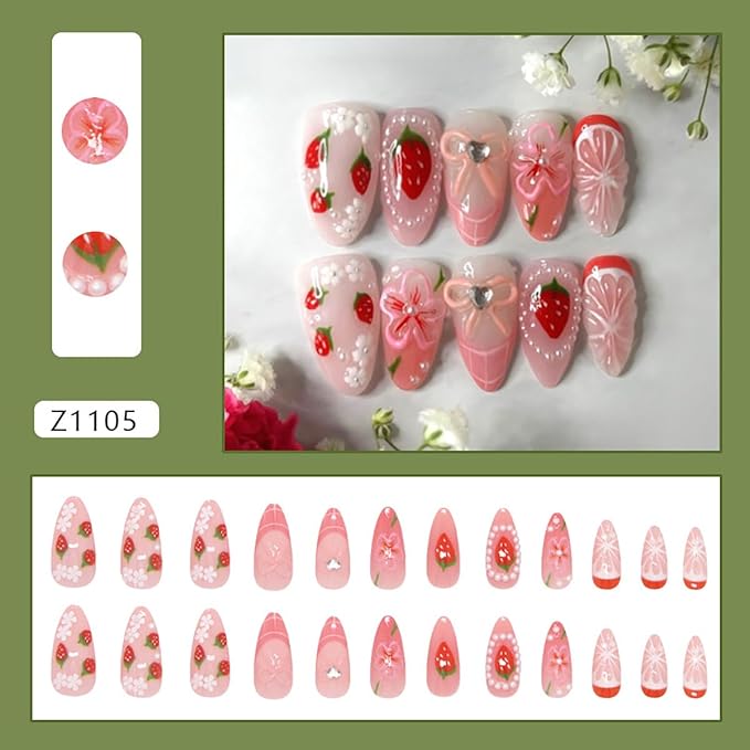 24Pcs Cute Strawberry Press on Nails Medium Almond Fake Nails 3D Pink Flower with Bow Rhinestones Pearl Glitter Design Glossy Glue on Nails French Tip False Nails for Women Acrylic Manicure Salon DIY
