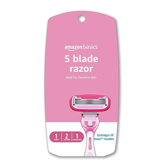 Amazon Basics Women's 5 Blade FITS Razor for Women, FITS Amazon Basics FITS Handle and Venus Handles, Includes 1 FITS Handle, 2 Cartridges & 1 Shower Hanger
