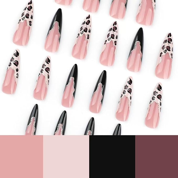 French Tip Press on Nails Long Fake Nails Stiletto False Nails with Leopard Print Design Gold Glitter Glossy Acrylic Artificial Nails Full Cover Stick on Nail for Women 24 Pcs