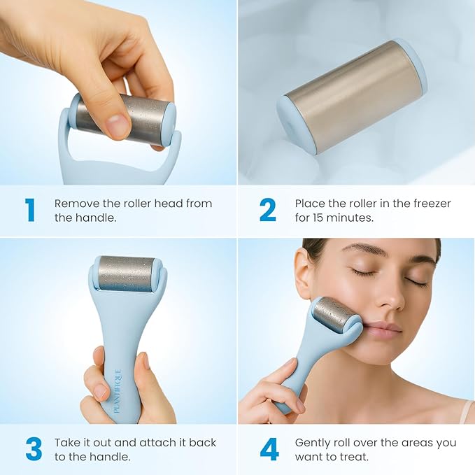 PLANTIFIQUE Facial Ice Roller and Stainless Steel Gua Sha Set - Cryotherapy Skin Care Massage Tools - Metal Massager Set for Puffy Face, Under Eyes and Body