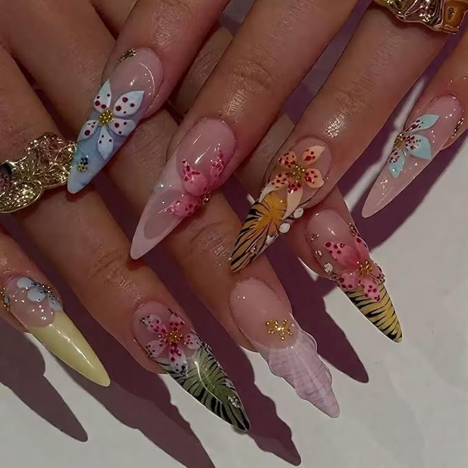 Almond Press on Nails Long Fake Nails Mixed Colors 3D Flower Shell Rhinestone Leopard French Tip Full Cover Summer Stick on False Nail for Women 24PCS