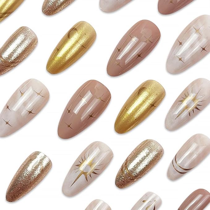 24Pcs Star Press on Nails Medium Almond Fake Nails Gold French Tip False Nails with Moom Design Nude White Full Cover Artificial Glue on Nails Glossy Stick on Nails Spring Nail Supplies for Women DIY