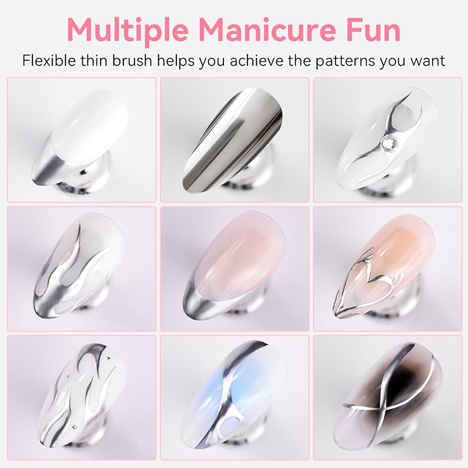 Makartt Metallic Silver Liner Gel Nail Polish: Mirror Chrome Effect Nail Polish with Built in Thin Brush, Soak Off Gel UV/LED for DIY Manicure, Home, and Salon Nail Art Designs 8ml