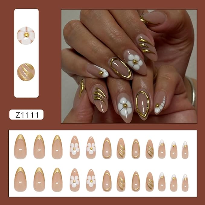 Medium Almond Press on Nails Gold French Tip Fake Nails White Flower Press ons Luxury Stiletto Glue on Nails 3D Gilded Lines Pearls Design Acrylic Glossy False Nails for Women Girls 24Pcs