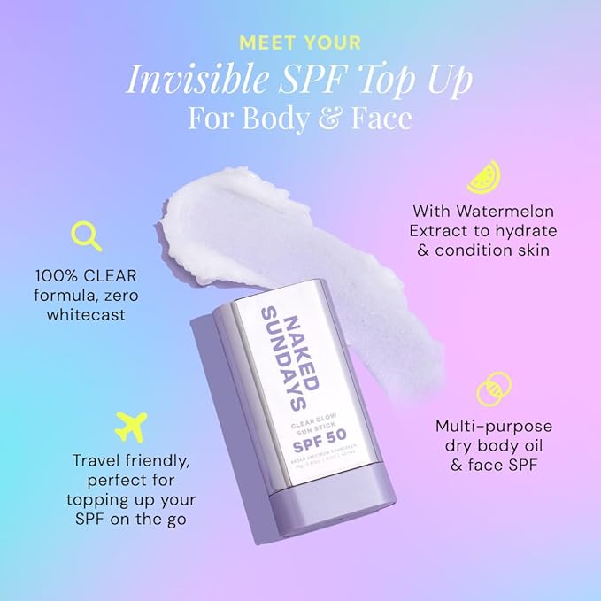 Naked Sundays SPF 50 Clear Glow Sun Stick – Invisible, Unscented Face & Body Sunscreen for All Skin Types | Broad Spectrum, Quick & Easy Application, Travel-Friendly, 19g