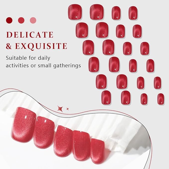 evpct Red Cat Eye Extra Short Press on Nails Square, Petite Short Square Glue on Nails for Women Gift, Real Red Metallic Glitter Glossy Reusable Stick Gel Press on Acrylic Fake Nail with Designs