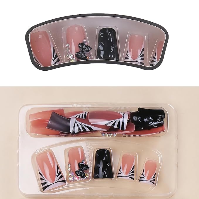 BABALAL Duck Nails Press on Black Fake Nails French Tip Glue on Nails 3D Texture Handmade Design Goth Acrylic Nails Bow Charm Stick on Nails 24Pcs Manicure Glossy Duck Bill False Nails