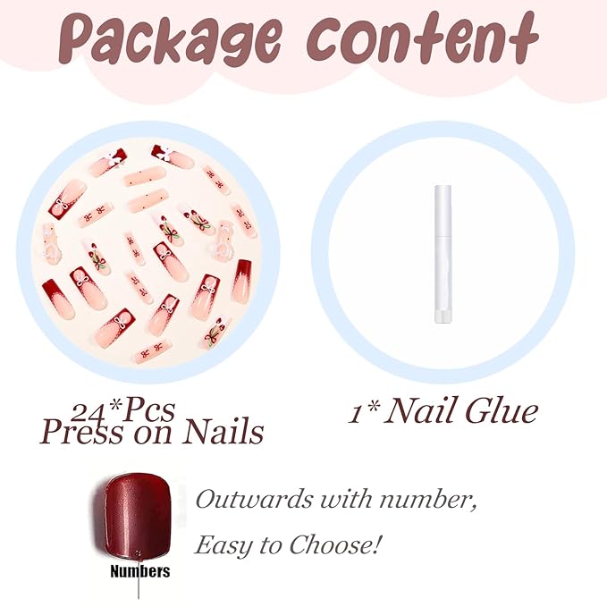 BABALAL Press on Nails Long Square Fake Nails Red White French Tip Artificial Glue on Heart Bow Charm Acrylic Nail Art False Nails 24Pcs Squoval Manicure False Nails Supplies DIY Glossy Stick on Nails