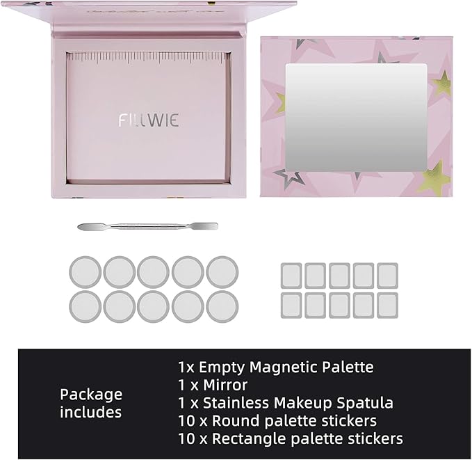 Magnetic Empty Makeup Palette with Mirror – Customizable Refillable Case for Eyeshadow, Blush, Lipstick, Highlighter – Lightweight, Waterproof, with Spatula & 20 Metal Stickers (Pink, Medium)