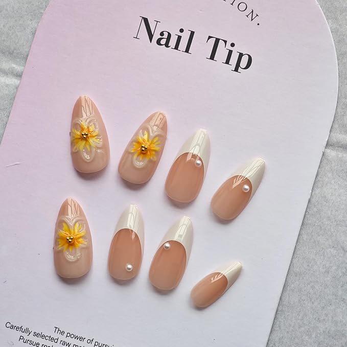 Floral Press on Nails White French Tip Fake Nails with Pearl Design Spring Summer Nail Glossy Reusable Artificial Acrylic Full Cover Stick on Nails Medium Almond False Nails for Women Manicure 24Pcs