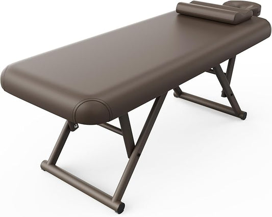 pouseayar Adjustable Massage Table with Face Pillow & Headrest, Sturdy and Solid, Silent and Easy to Adjust - Fixed Backrest, Brown