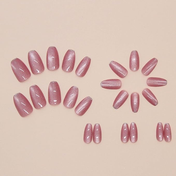 Hkanlre Coffin Press on Nails Pink Fake Nails Tips Full Cover Almond False Medium Cat Eyes Nails for Women 24PCS