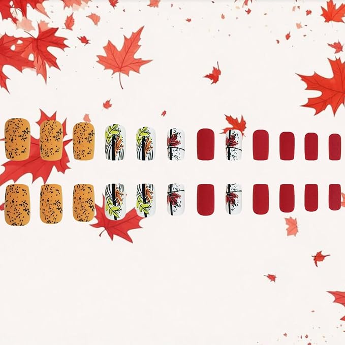 Maple Leaf Press on Nails 24Pcs Fall Leaves Stick on Fingernails Matte Yellow Acrylic Fake Nail Thanksgiving Medium Square False Nails Autumn Gel Glue on Nail for Coquette Women Girls