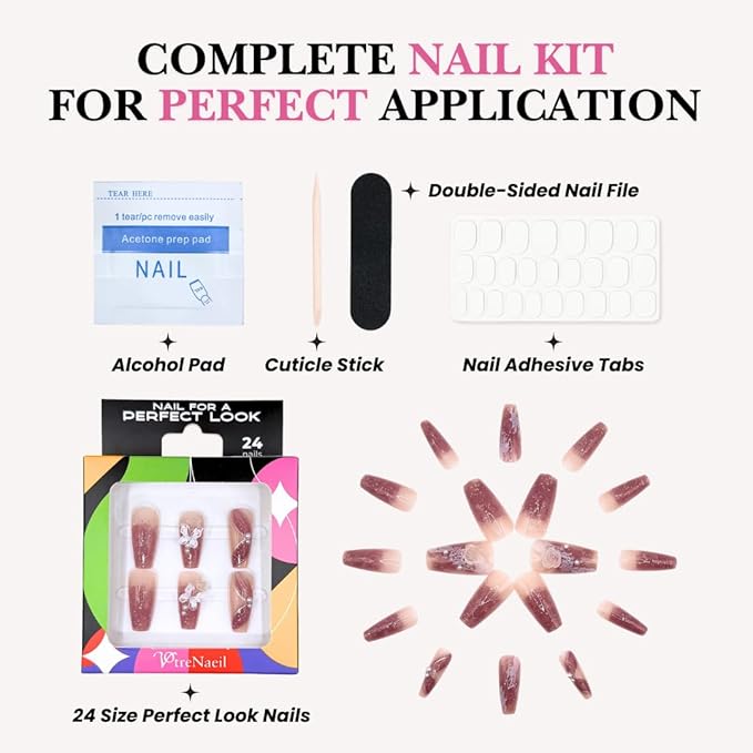 Perfect Look Press On Nails - Butter Rose | No Glue One-Day Long Coffin Fake Nails, Rose Pink Glitter Nails with Pearl - 24 Pcs Nail Kit with Adhesive Tabs