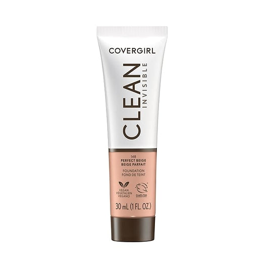 COVERGIRL Clean Invisible Foundation Makeup, Dewy & Glowy Natural Finish, Buildable Coverage, Skin-Like Smooth Look, Vegan, Perfect Beige, 1oz