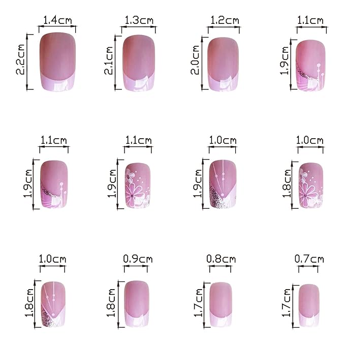 French Tip Press on Nails Short Square Fake Nails Pink Flower False Nails with Design Glitter Line Glue on Nails Full Cover Acrylic Nails Stick on Nails for Women Girls Manicure 24 Pcs