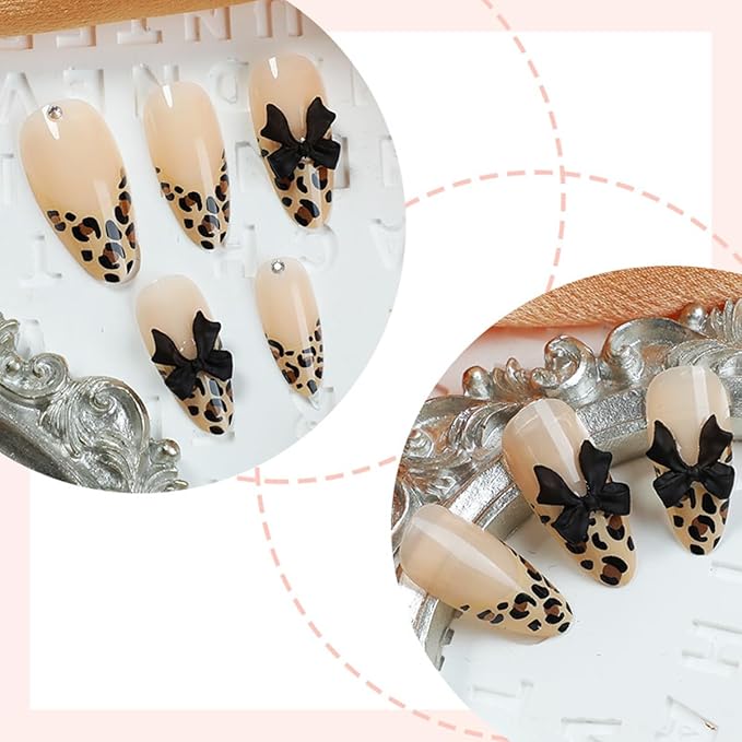24Pcs French Tip Press on Nails with Bow Charms Medium Fake Nails Leopard Nails Press ons Black Bow Acrylic False Nail Almond Shape French Stick Glue on Nails for Women Daily Wear