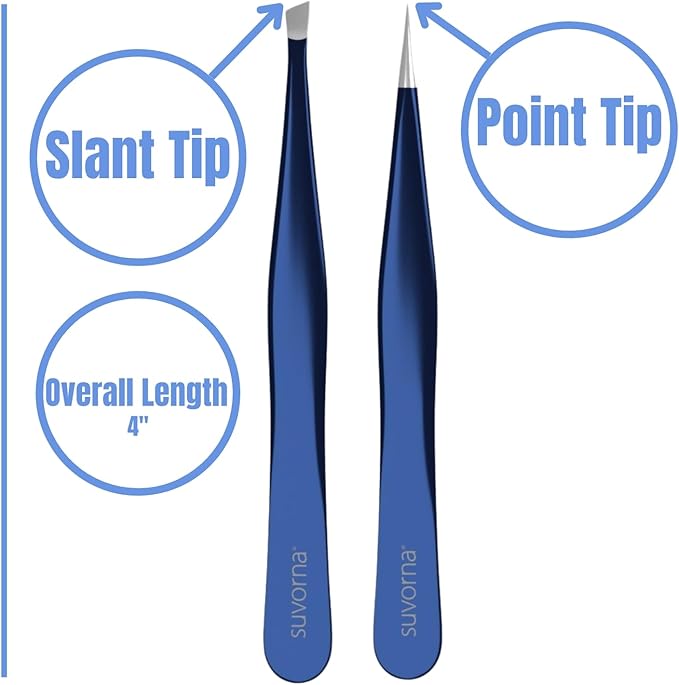 Suvorna Professional Tweezers for women facial hair - Sharp Pointed Tweezer & Slanted Eyebrow Tweezers for Women - Eyebrow Tweezer for Women, Lash tweezers and Splinter removal (4-inch size, Blue)