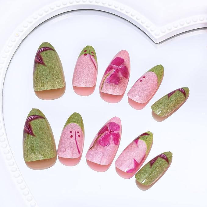 24Pcs Flower Press on Nails Short Almond Fake Nails Spring Summer Floral Designs Stick on Nail Green French Tip False Nails Cute Glue on Nails Glossy Full Cover Artificial Acrylic Nail for Women
